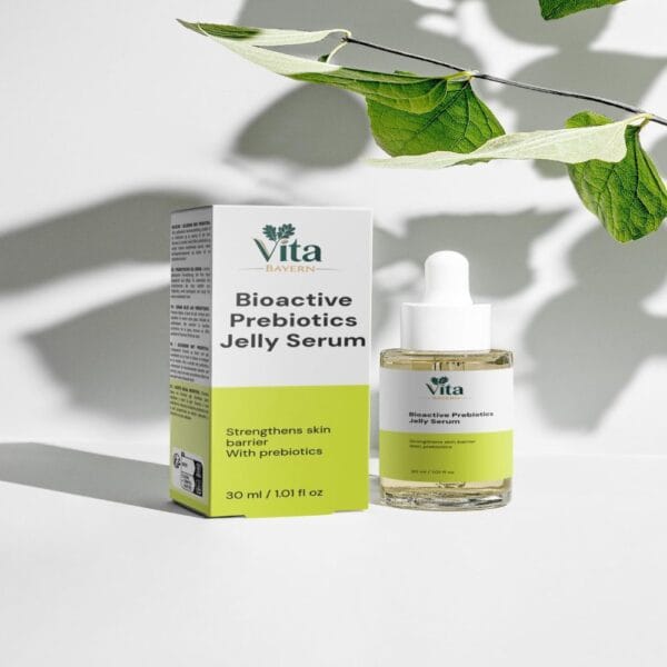 A 30ml bottle and packaging of Vita Elixia Bioactive Prebiotics Jelly Serum, formulated to strengthen the skin barrier, displayed under soft botanical leaf shadows